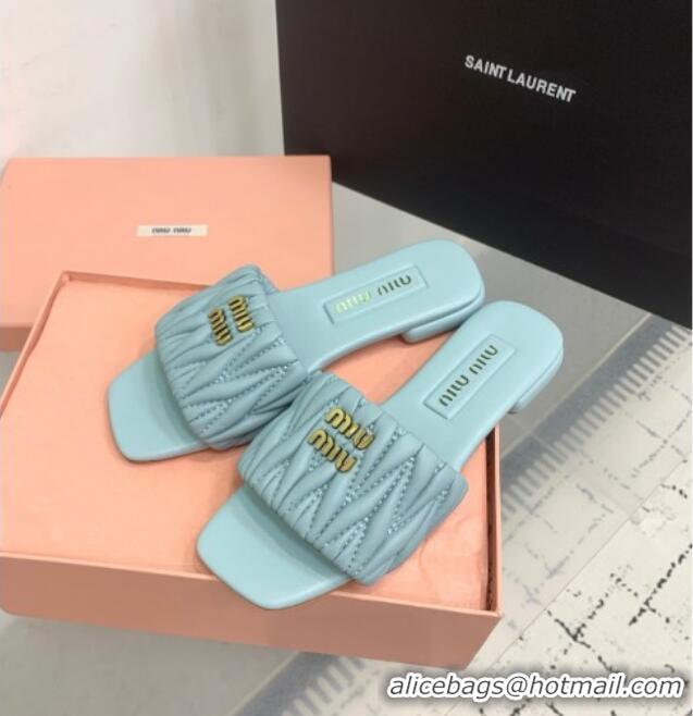 ​Best Quality Miu Miu Matelasse Nappa Leather Flat Slides Sandal 5XX605 Blue 2025