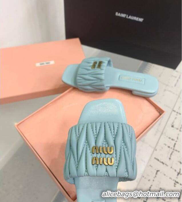 ​Best Quality Miu Miu Matelasse Nappa Leather Flat Slides Sandal 5XX605 Blue 2025