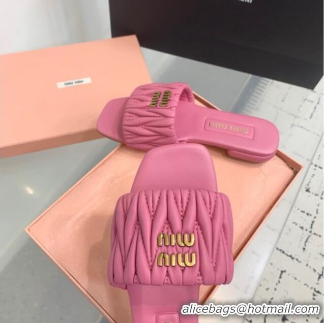 Top Grade Miu Miu Matelasse Nappa Leather Flat Slides Sandal 5XX605 Pink 2025