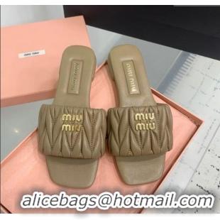 High Quality Miu Miu Matelasse Nappa Leather Flat Slides Sandal 5XX605 Khaki 2025