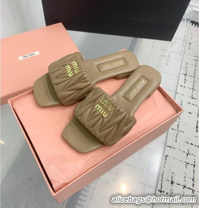 High Quality Miu Miu Matelasse Nappa Leather Flat Slides Sandal 5XX605 Khaki 2025