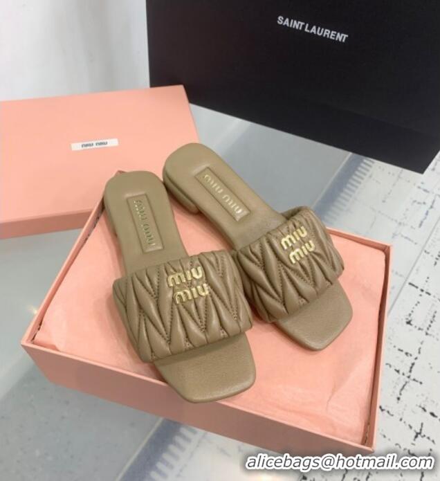 High Quality Miu Miu Matelasse Nappa Leather Flat Slides Sandal 5XX605 Khaki 2025