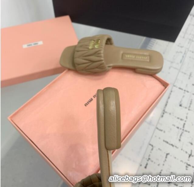 High Quality Miu Miu Matelasse Nappa Leather Flat Slides Sandal 5XX605 Khaki 2025
