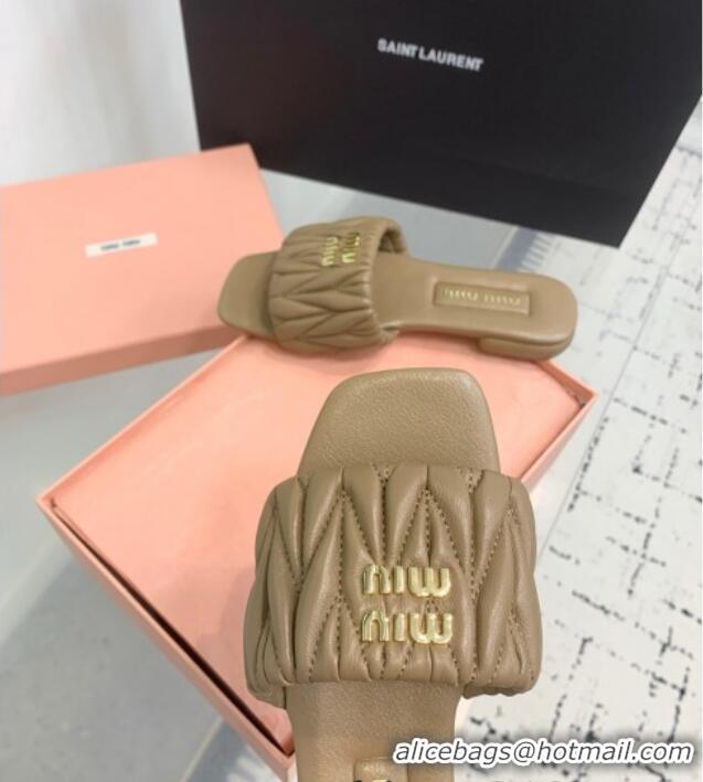 High Quality Miu Miu Matelasse Nappa Leather Flat Slides Sandal 5XX605 Khaki 2025