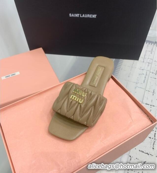 High Quality Miu Miu Matelasse Nappa Leather Flat Slides Sandal 5XX605 Khaki 2025
