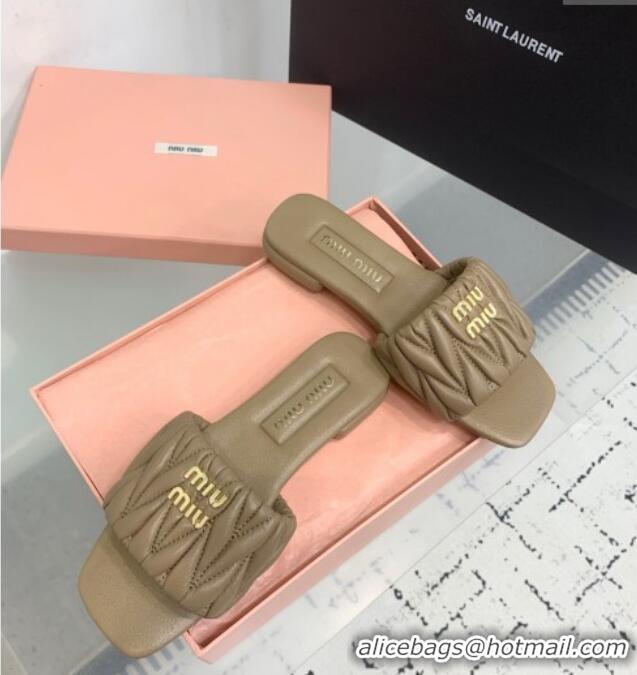 High Quality Miu Miu Matelasse Nappa Leather Flat Slides Sandal 5XX605 Khaki 2025