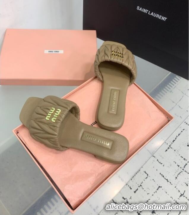 High Quality Miu Miu Matelasse Nappa Leather Flat Slides Sandal 5XX605 Khaki 2025