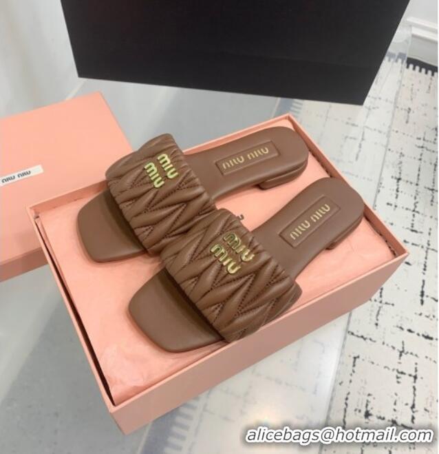 Good Taste Miu Miu Matelasse Nappa Leather Flat Slides Sandal 5XX605 Brown 2025