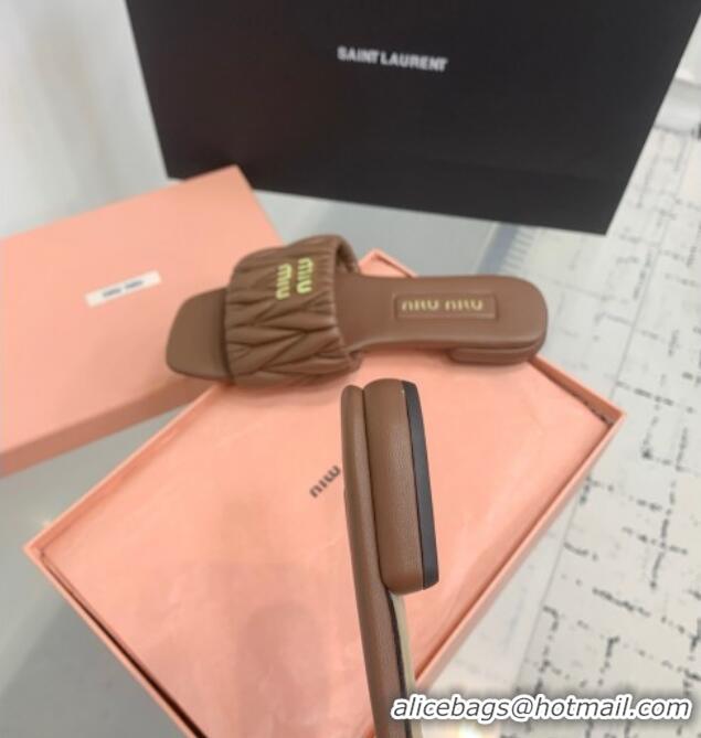 Good Taste Miu Miu Matelasse Nappa Leather Flat Slides Sandal 5XX605 Brown 2025