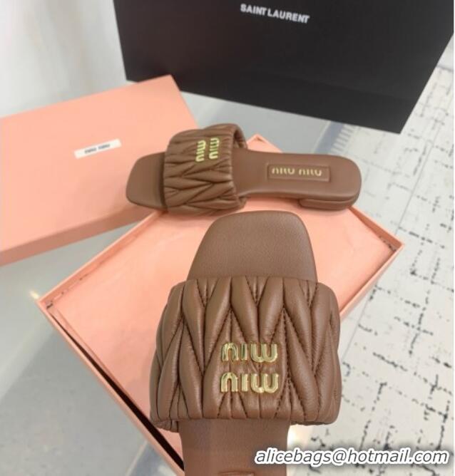 Good Taste Miu Miu Matelasse Nappa Leather Flat Slides Sandal 5XX605 Brown 2025