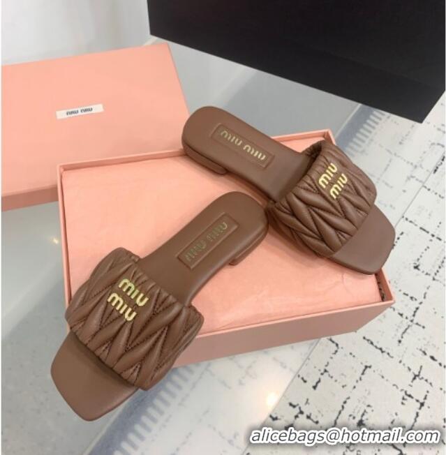 Good Taste Miu Miu Matelasse Nappa Leather Flat Slides Sandal 5XX605 Brown 2025