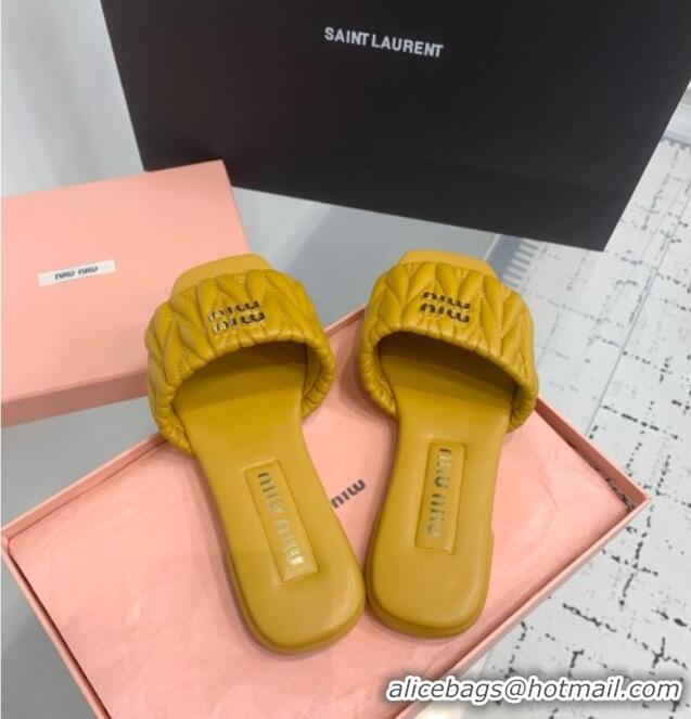 ​Top Design Miu Miu Matelasse Nappa Leather Flat Slides Sandal 5XX605 Yellow 2025