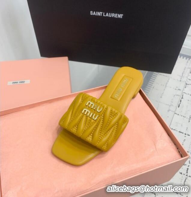 ​Top Design Miu Miu Matelasse Nappa Leather Flat Slides Sandal 5XX605 Yellow 2025