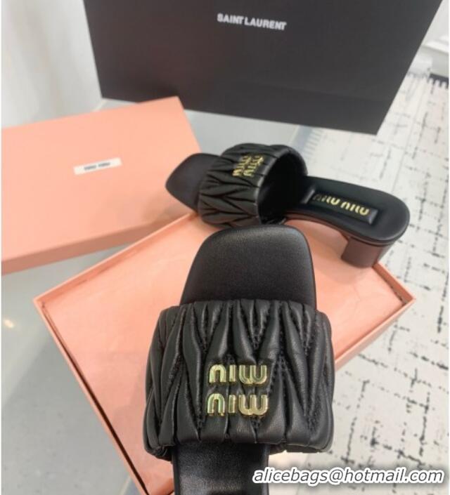 Best Wholesale Miu Miu Matelasse Nappa Leather Heel Slides Sandal 5.5cm 5XX657 Black 2025