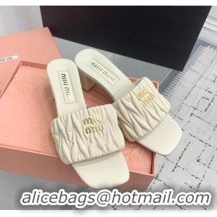 Luxury Cheap Miu Miu Matelasse Nappa Leather Heel Slides Sandal 5.5cm 5XX657 White 2025