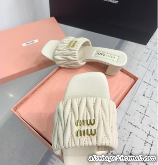 Luxury Cheap Miu Miu Matelasse Nappa Leather Heel Slides Sandal 5.5cm 5XX657 White 2025
