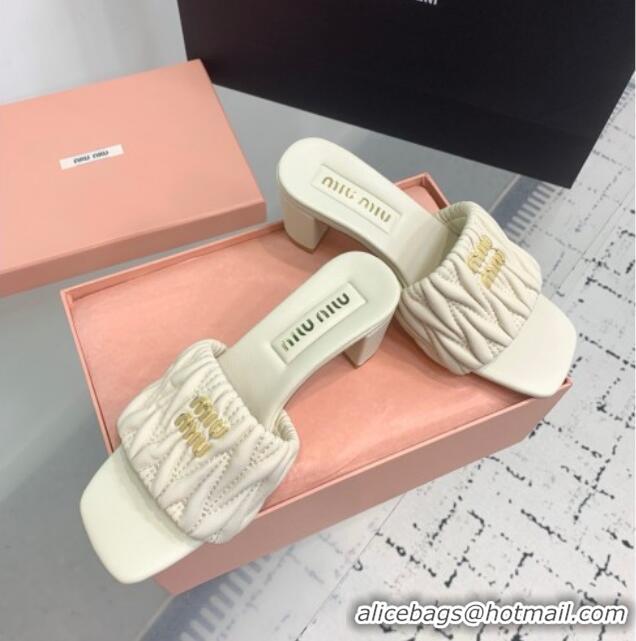 Luxury Cheap Miu Miu Matelasse Nappa Leather Heel Slides Sandal 5.5cm 5XX657 White 2025