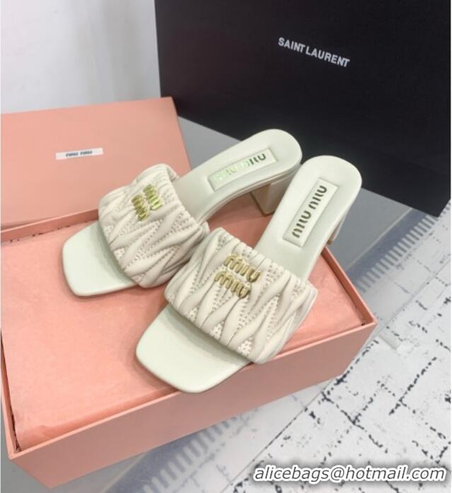Luxury Cheap Miu Miu Matelasse Nappa Leather Heel Slides Sandal 5.5cm 5XX657 White 2025