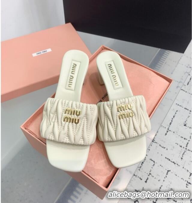 Luxury Cheap Miu Miu Matelasse Nappa Leather Heel Slides Sandal 5.5cm 5XX657 White 2025