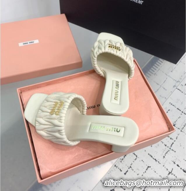 Luxury Cheap Miu Miu Matelasse Nappa Leather Heel Slides Sandal 5.5cm 5XX657 White 2025