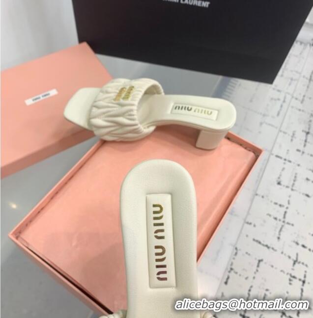 Luxury Cheap Miu Miu Matelasse Nappa Leather Heel Slides Sandal 5.5cm 5XX657 White 2025