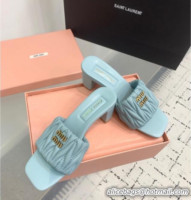 Top Quality Miu Miu Matelasse Nappa Leather Heel Slides Sandal 5.5cm 5XX657 Blue 2025