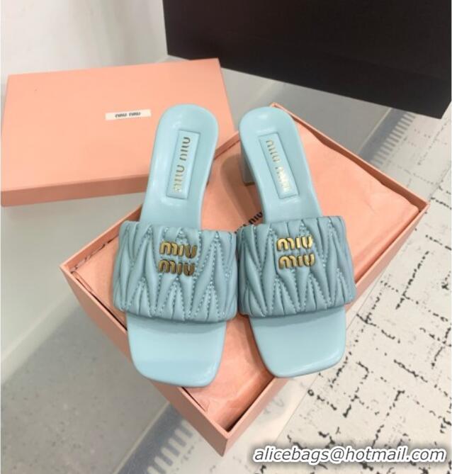 Top Quality Miu Miu Matelasse Nappa Leather Heel Slides Sandal 5.5cm 5XX657 Blue 2025