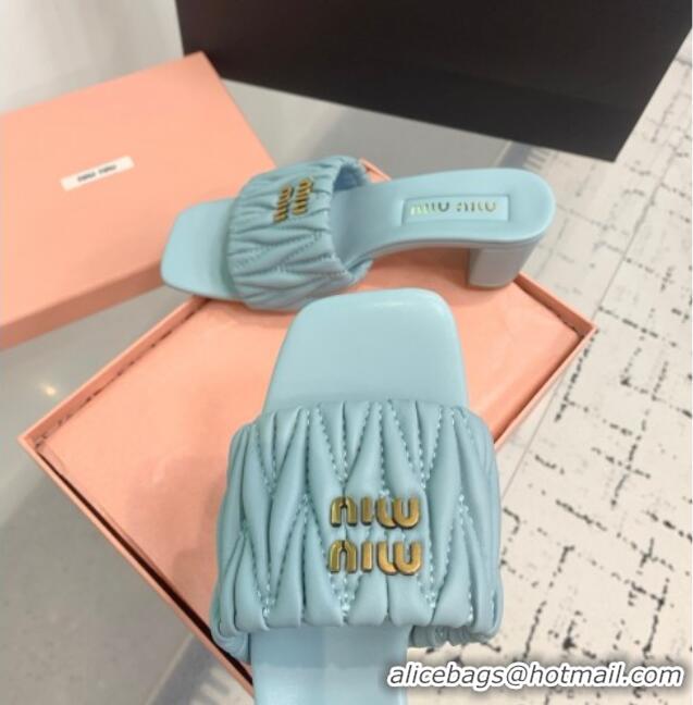 Top Quality Miu Miu Matelasse Nappa Leather Heel Slides Sandal 5.5cm 5XX657 Blue 2025