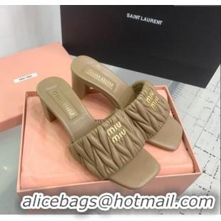New Product Miu Miu Matelasse Nappa Leather Heel Slides Sandal 5.5cm 5XX657 Khaki 2025