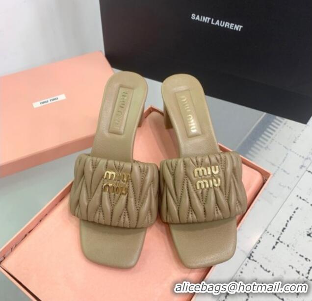 New Product Miu Miu Matelasse Nappa Leather Heel Slides Sandal 5.5cm 5XX657 Khaki 2025