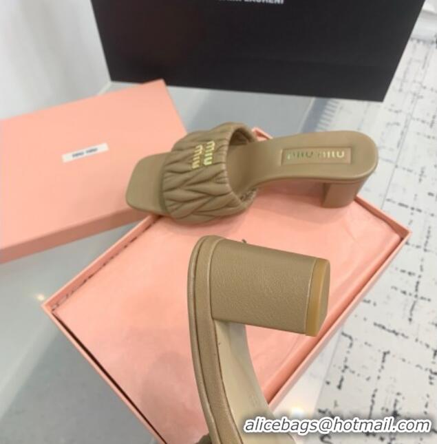 New Product Miu Miu Matelasse Nappa Leather Heel Slides Sandal 5.5cm 5XX657 Khaki 2025