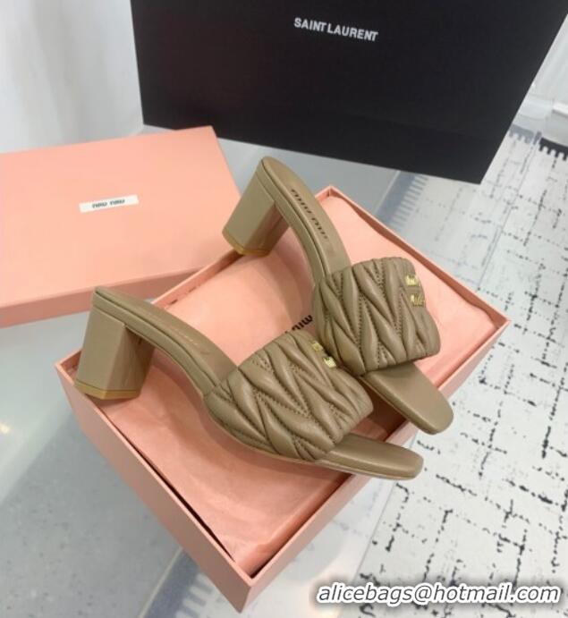 New Product Miu Miu Matelasse Nappa Leather Heel Slides Sandal 5.5cm 5XX657 Khaki 2025