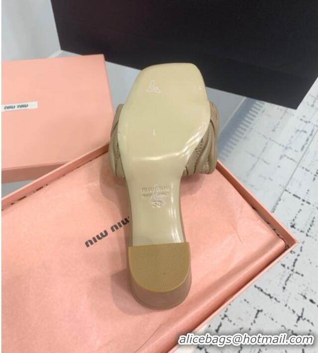New Product Miu Miu Matelasse Nappa Leather Heel Slides Sandal 5.5cm 5XX657 Khaki 2025
