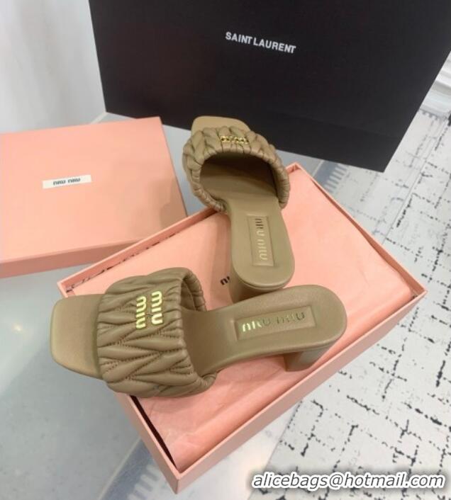 New Product Miu Miu Matelasse Nappa Leather Heel Slides Sandal 5.5cm 5XX657 Khaki 2025