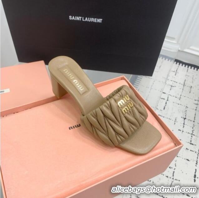 New Product Miu Miu Matelasse Nappa Leather Heel Slides Sandal 5.5cm 5XX657 Khaki 2025