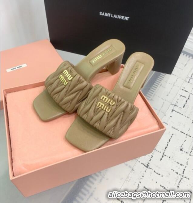 New Product Miu Miu Matelasse Nappa Leather Heel Slides Sandal 5.5cm 5XX657 Khaki 2025