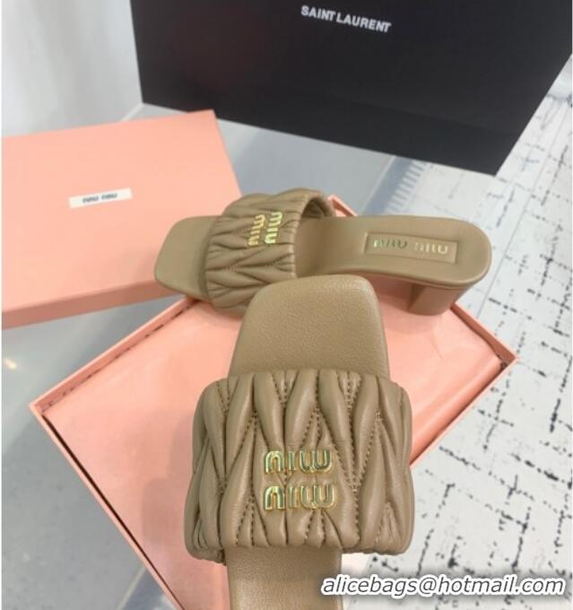 New Product Miu Miu Matelasse Nappa Leather Heel Slides Sandal 5.5cm 5XX657 Khaki 2025