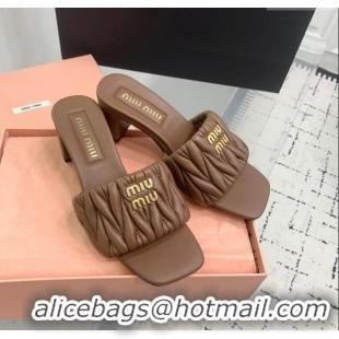 Luxury Discount Miu Miu Matelasse Nappa Leather Heel Slides Sandal 5.5cm 5XX657 Brown 2025