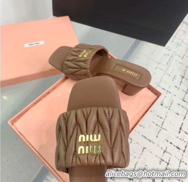 Luxury Discount Miu Miu Matelasse Nappa Leather Heel Slides Sandal 5.5cm 5XX657 Brown 2025