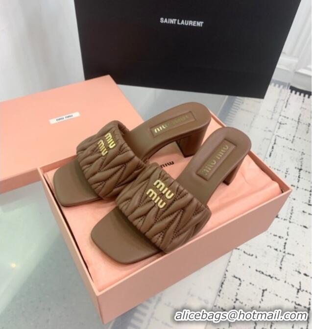 Luxury Discount Miu Miu Matelasse Nappa Leather Heel Slides Sandal 5.5cm 5XX657 Brown 2025