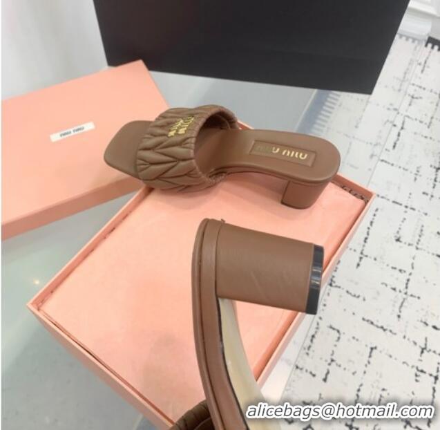 Luxury Discount Miu Miu Matelasse Nappa Leather Heel Slides Sandal 5.5cm 5XX657 Brown 2025