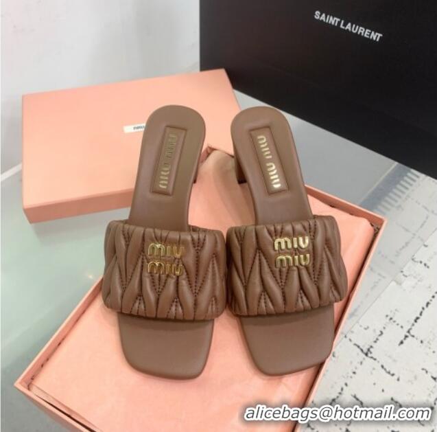 Luxury Discount Miu Miu Matelasse Nappa Leather Heel Slides Sandal 5.5cm 5XX657 Brown 2025