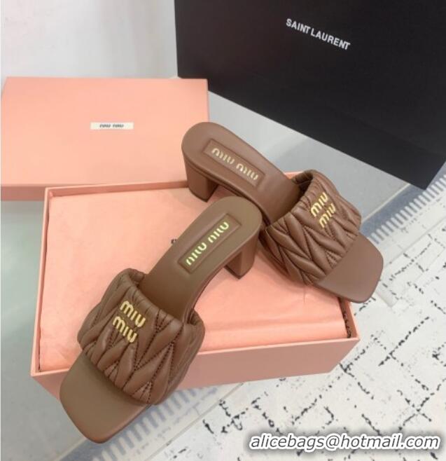Luxury Discount Miu Miu Matelasse Nappa Leather Heel Slides Sandal 5.5cm 5XX657 Brown 2025