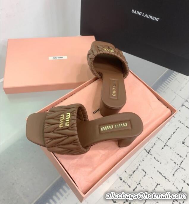 Luxury Discount Miu Miu Matelasse Nappa Leather Heel Slides Sandal 5.5cm 5XX657 Brown 2025