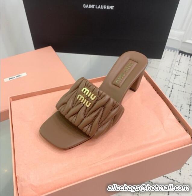 Luxury Discount Miu Miu Matelasse Nappa Leather Heel Slides Sandal 5.5cm 5XX657 Brown 2025
