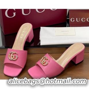 Modern Gucci Leather Heel Slides Sandal 5.5cm with Strass Double G Dark Pink 2025 817257