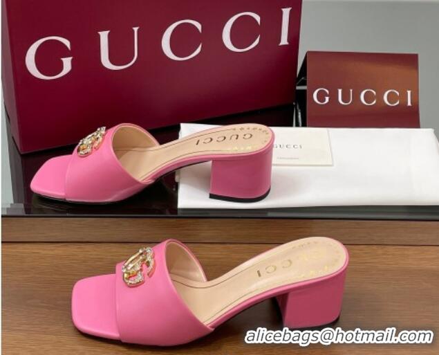 Modern Gucci Leather Heel Slides Sandal 5.5cm with Strass Double G Dark Pink 2025 817257
