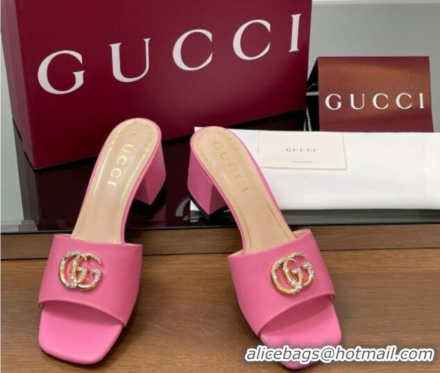 Modern Gucci Leather Heel Slides Sandal 5.5cm with Strass Double G Dark Pink 2025 817257