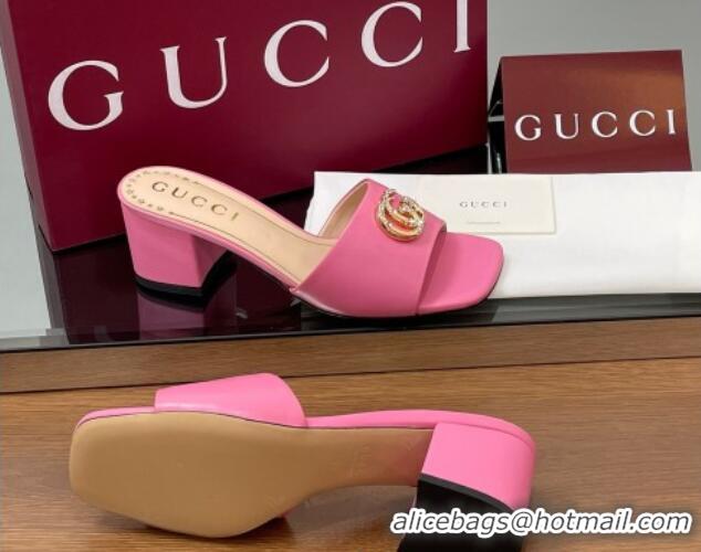 Modern Gucci Leather Heel Slides Sandal 5.5cm with Strass Double G Dark Pink 2025 817257