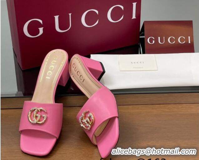 Modern Gucci Leather Heel Slides Sandal 5.5cm with Strass Double G Dark Pink 2025 817257